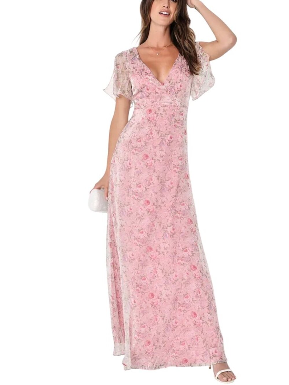 Lulus Dreamiest Desires Pink Floral Flutter Sleeve Maxi Dress Sz 3X Garden Fairy